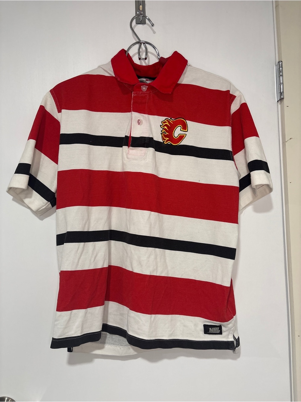 NHL Red, White & Black Striped Polo with Calgary flames logo